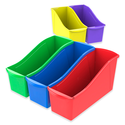 Assorted colors of narrow storage bins.