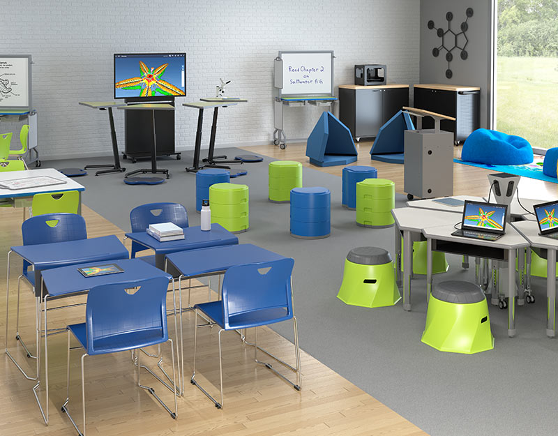 Science room with computers and podiums.