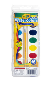 Crayola Non-Toxic Washable Semi-Moist Watercolor Paints, Plastic Oval Pan, 16 Assorted Colors, Item Number 008685