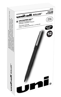 uni Roller Ball Stick Pens, 0.5 mm Micro Tip, Black, Pack of 12, Item Number 079124