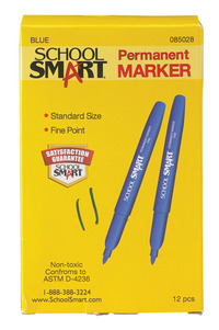 School Smart Fine Tip Permanent Markers, Quick-Drying and Water Resistant, 1 mm Tip, Blue, Pack of 12 Item Number 085028