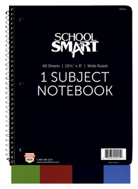 School Smart Spiral Non-Perforated 1 Subject Wide Ruled Notebook, 10-1/2 x 8 Inches 085264