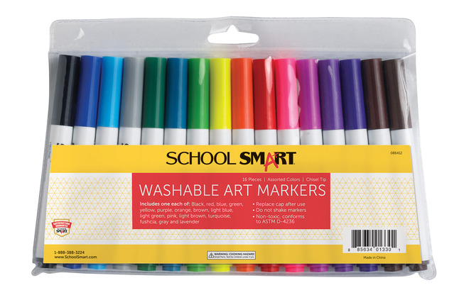 School Smart Washable Markers, Chisel Tips, Assorted Colors, Pack of 16