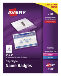Avery Flexible Soft Top Loading Name Badge Holder Kit for Laser or Inkjet Printers, 3 X 4 in, Paper, White, Pack of 40, Item Number 1054624