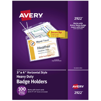 Avery Hanging Horizontal Photo ID System Badge Holder with Clip and Lanyard, 4 X 3 in, Polypropylene, Clear, Pack of 100, Item Number 1118259