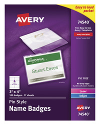 Avery Name Badges with Pin Holders, 3 x 4 Inches Each, Clear, Pack of 100, Item Number 1118322