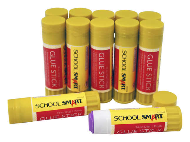 School Smart Glue Stick, 0.74 Ounces, Purple and Dries Clear, Pack of 12