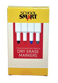 School Smart Dry Erase Markers, Bullet Tip, Low Odor, Assorted Colors, Pack of 4 Item Number 1402628