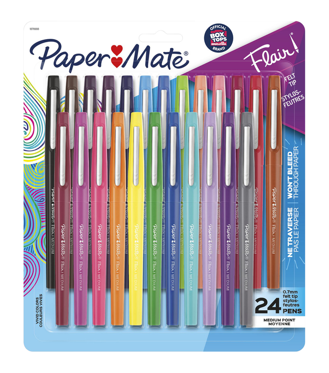 Paper Mate Flair Felt Tip Pens, Assorted Colors, Pack of 24