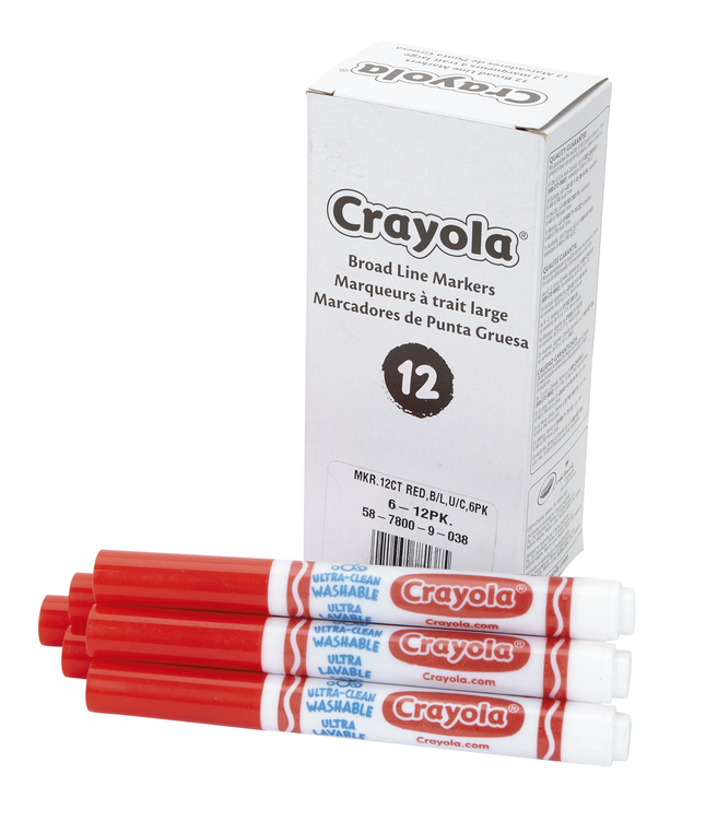 Crayola Broad Line Washable Markers, Broad Bullet Tip, Red, 12/Box