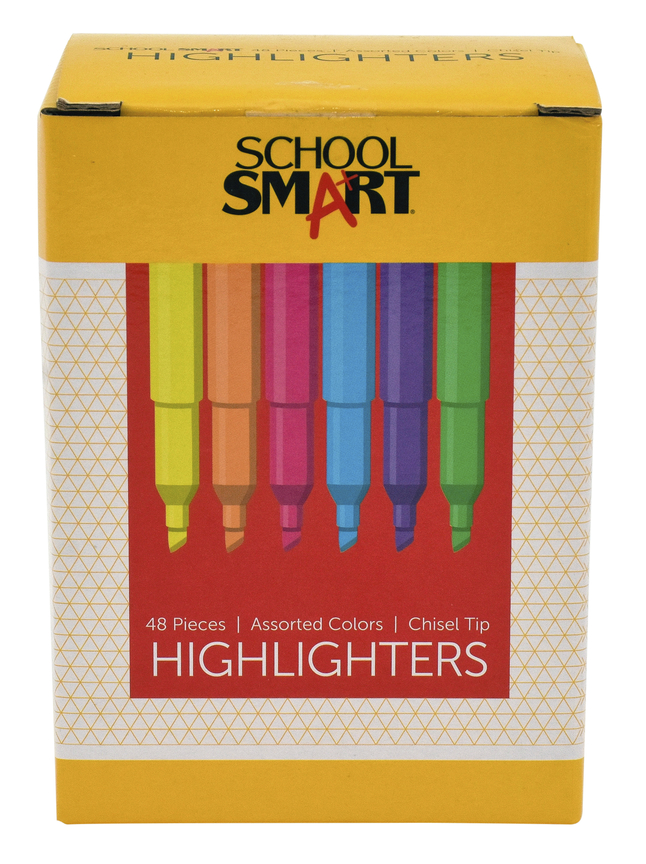 School Smart Highlighter, Chisel Tip, Pen Style, Assorted, Pack of 48