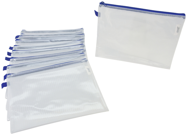 Sax 2018757 10 x 13 in. Mesh Zippered Bag, Clear with Blue Trim - Pack of 10