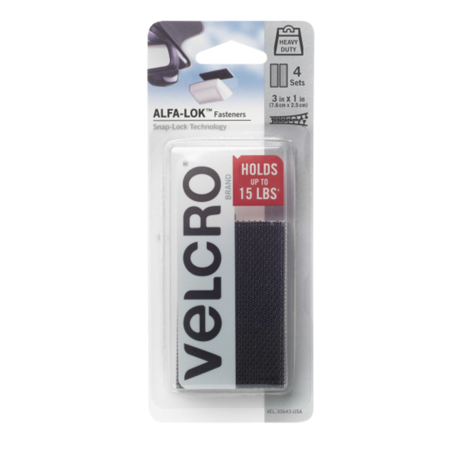 VELCRO Brand ALFA-LOK Fasteners, 3 In Strips, Black, Pack of 4