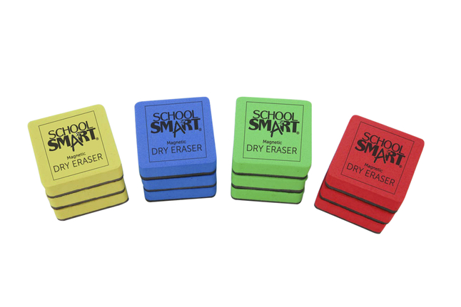 School Smart Magnetic Whiteboard Erasers, 2 x 2 Inches, Assorted Colors,  Pack of 12