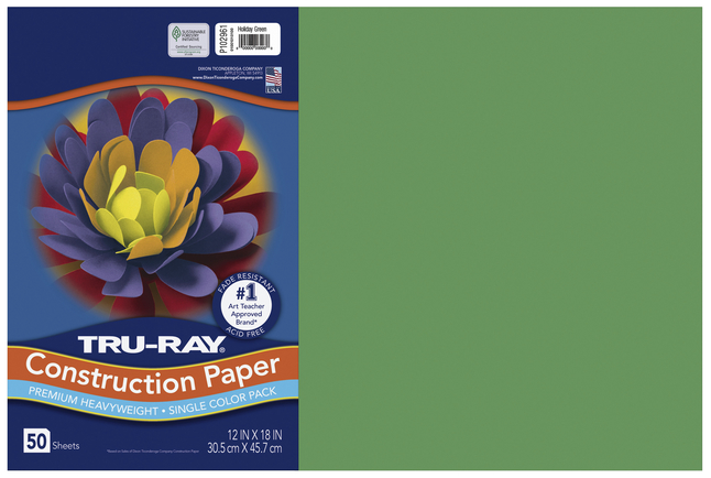 Tru-Ray Construction Paper, 76 lbs., 12 x 18, Holiday Green, 50