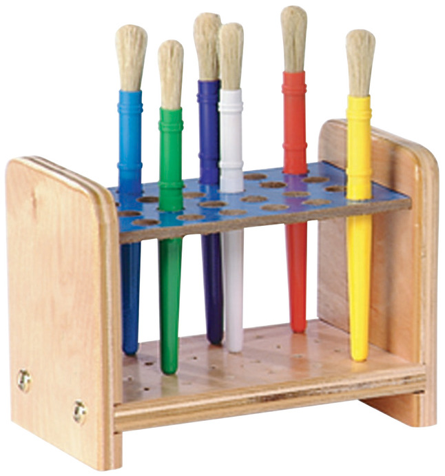 School Specialty Natural Wood Paint Brush Holder with 24 Chubby Brush, 8 x 6 x 5 in