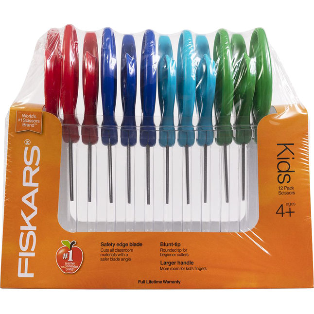 Fiskars 5 Blunt-tip Kids Scissors - Safety Edge Blade - Blunted Tip - Green, Turquoise, Blue, Red - 12 / Pack