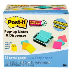 Image for Post-it Pop-Up Super Sticky Notes Dispenser Value Pack, 3 x 3 Inches, Assorted Colors, 12 Pads of 90 Sheets from School Specialty