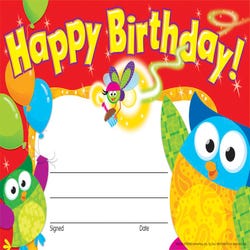 Image for Trend Enterprises Owl-Stars Happy Birthday Awards, 8-1/2 x 5-1/2 inches, Pack of 30 from School Specialty