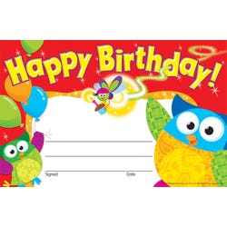 Image for Trend Enterprises Owl-Stars Happy Birthday Awards, 8-1/2 x 5-1/2 inches, Pack of 30 from School Specialty
