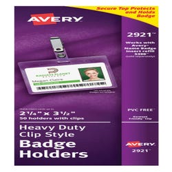 Avery Flexible Horizontal Badge Holder with Landscape Clip Attachment, 2-1/4 in X 3-1/2 in, Polypropylene, Clear, Pack of 50, Item Number 1118258