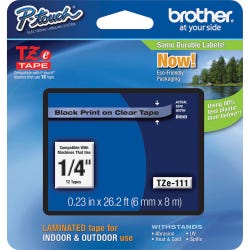 Image for Brother P-touch Tze Laminated Tape Cartridge, 1/4 Inch x 26 Feet, Black/Clear from School Specialty