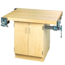 Image for Diversified Woodcrafts 4 Station Workbench with 4 Doors and 4 Vises, 64 x 54 x 31-1/4 Inches, Maple from School Specialty