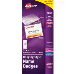 Avery Hanging Style Name Badge Kit, Top Loading, 3 x 4 Inches, White, Pack of 50, Item Number 1054737