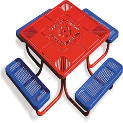 Image for UltraSite Preschool Square Learning Picnic Table, 78-11/16 x 78-11/16 x 20 Inches, Blue Seat, Red Frame from School Specialty