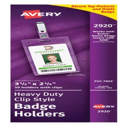 Image for Avery Flexible Vertical ID Badge Holder with Portrait Clip Attachment, 2-1/4 in X 3-1/2 in, Polypropylene, Clear, Pack of 50 from School Specialty
