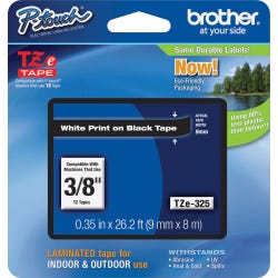 Image for Brother P-touch Tze Laminated Tape Cartridge, 3/8 Inch x 26 Feet, White/Black from School Specialty