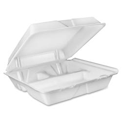 Image for Dart Container Closing Large Carryout Tray, 9 L x 9 W in, 3-Compartment, Foam, White, Pack of 100 from School Specialty