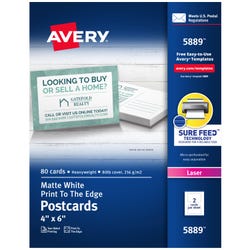 Image for Avery® Printable Postcards with Sure Feed Technology, 4 x 6 Inches, White, Pack of 80 from School Specialty