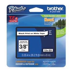 Image for Brother P-touch Tze Laminated Tape Cartridge, 3/8 Inch x 26 Feet, Black/White from School Specialty