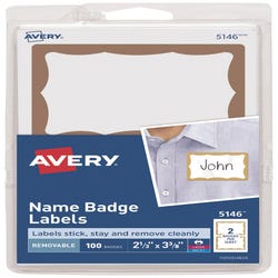 Avery Adhesive Name Badges, 2-1/3 x 3-3/8 Inches, Gold Border, Pack of 100, Item Number 1054558
