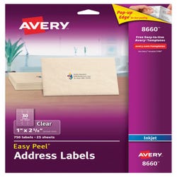 Image for Avery Easy Peel Address Labels, Inkjet, 1 x 2-5/8 Inches, Clear, Pack of 750 from School Specialty