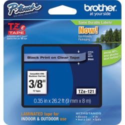 Image for Brother P-touch Tze Laminated Tape Cartridge, 3/8 Inch x 26 Feet, Black/Clear from School Specialty