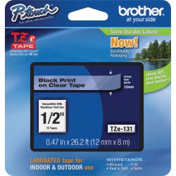 Image for Brother P-touch Tze Laminated Tape Cartridge, 1/2 Inch x 26 Feet, Black/Clear from School Specialty