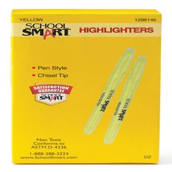 School Smart Pen Style Highlighters, Chisel Tip, Yellow, Pack of 12 Item Number 1298146
