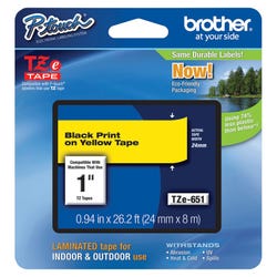 Image for Brother P-touch Tze Laminated Tape Cartridge, 1 Inch x 26 Feet, Black/Yellow from School Specialty
