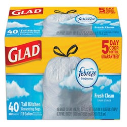 Image for Clorox Glad Odor Shield Drawstring Tall Kitchen Bags, 13 Gallon, White, Pack of 40 from School Specialty