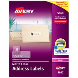 Image for Avery Easy Peel Address Labels, Laser, 1 x 2-5/8 Inches, Clear, Pack of 1500 from School Specialty