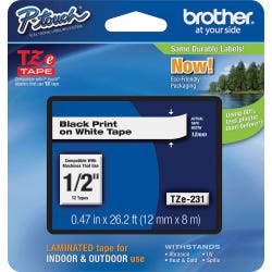 Image for Brother P-touch Tze Laminated Tape Cartridge, 1/2 Inch x 26 Feet, Black/White from School Specialty