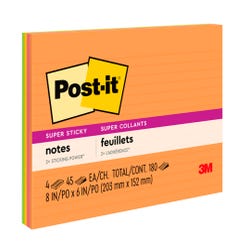 Image for Post-it Super Sticky Large Lined Notes, 8 x 6 Inches, Energy Boost, Pack of 4 from School Specialty