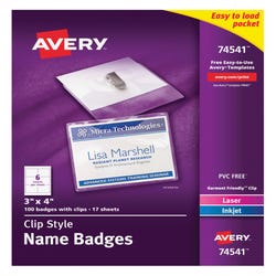 Avery Clip Style Name Badges, 3 x 4 Inches Each, 100 Badges with Clips, Item Number 1118323
