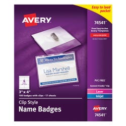 Avery Clip Style Name Badges, 3 x 4 Inches Each, 100 Badges with Clips, Item Number 1118323