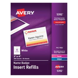 Image for Avery Name Badge Insert Refills, 3 x 4 Inches, White, Pack of 300 from School Specialty
