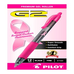 Image for Pilot G2 BCA (Breast Cancer Awareness) Premium Retractable Gel Ink Pens, Fine Point, Pink Accents, Black Ink, Pack of 12 from School Specialty