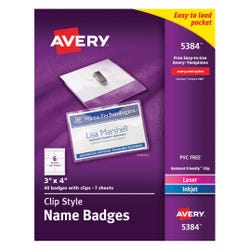Image for Avery Flexible Soft Top Loading Name Badge Holder Kit for Laser or Inkjet Printers, 3 X 4 in, Paper, White, Pack of 40 from School Specialty