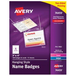 Avery Hanging Style Name Badges, Two-Sided, White, Set of 100 Badges and Cords, Item Number 1085419
